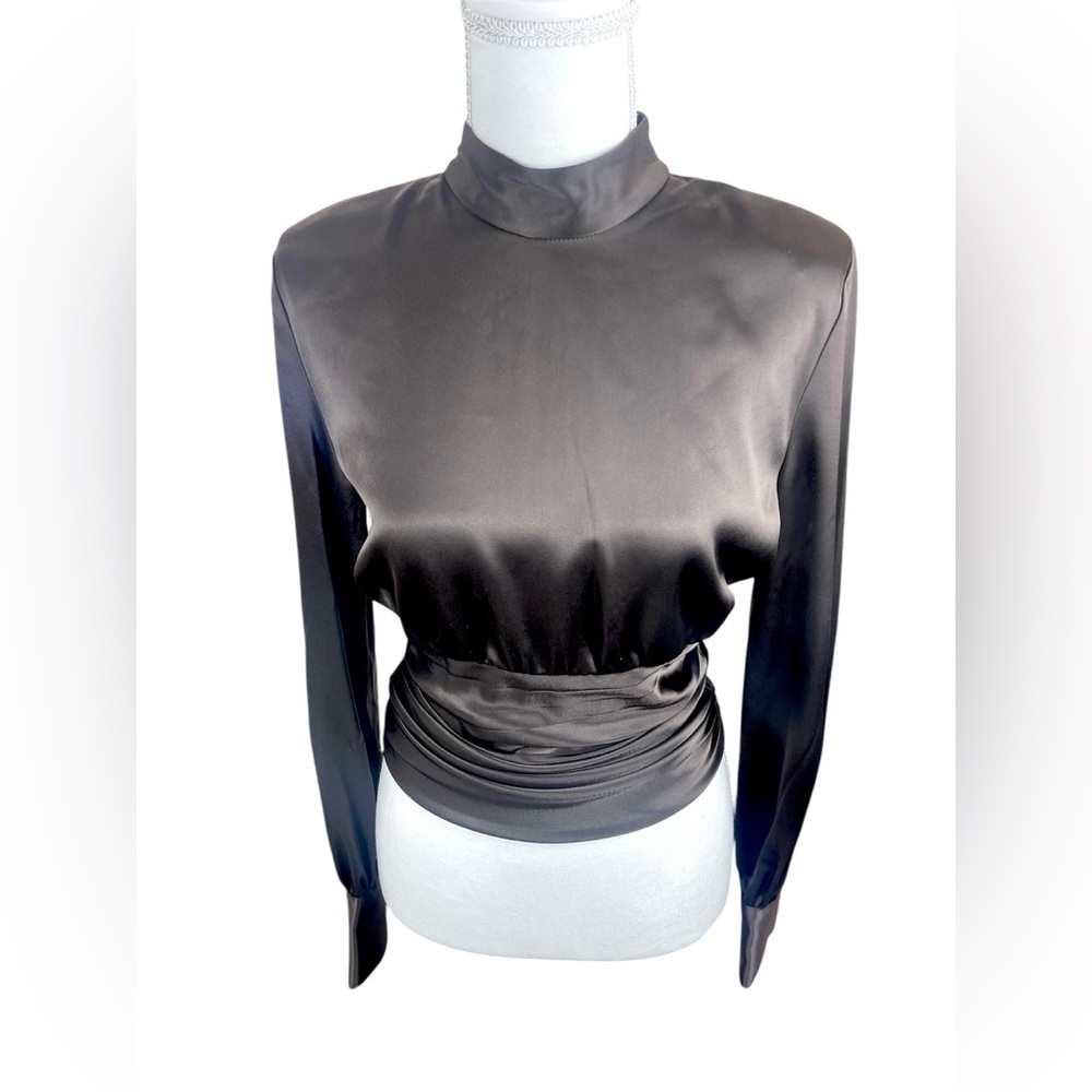 Aritzia Babaton Chocolate Brown Rosalia Ruched Satin Elegant Blouse Mock Neck - Picture 8 of 14